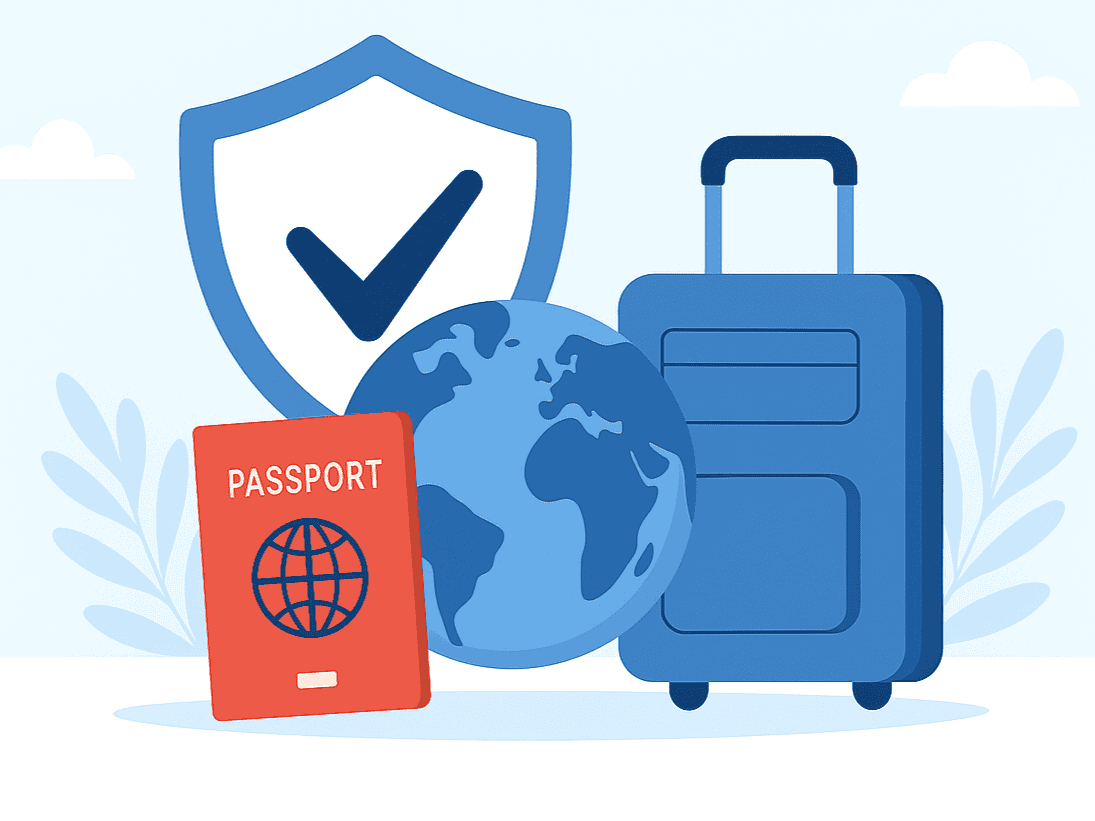 Imagen con pasaporte, maleta y planeta, representa seguro de viajes